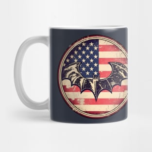 Black bat silouhette on a distressed american flag Mug